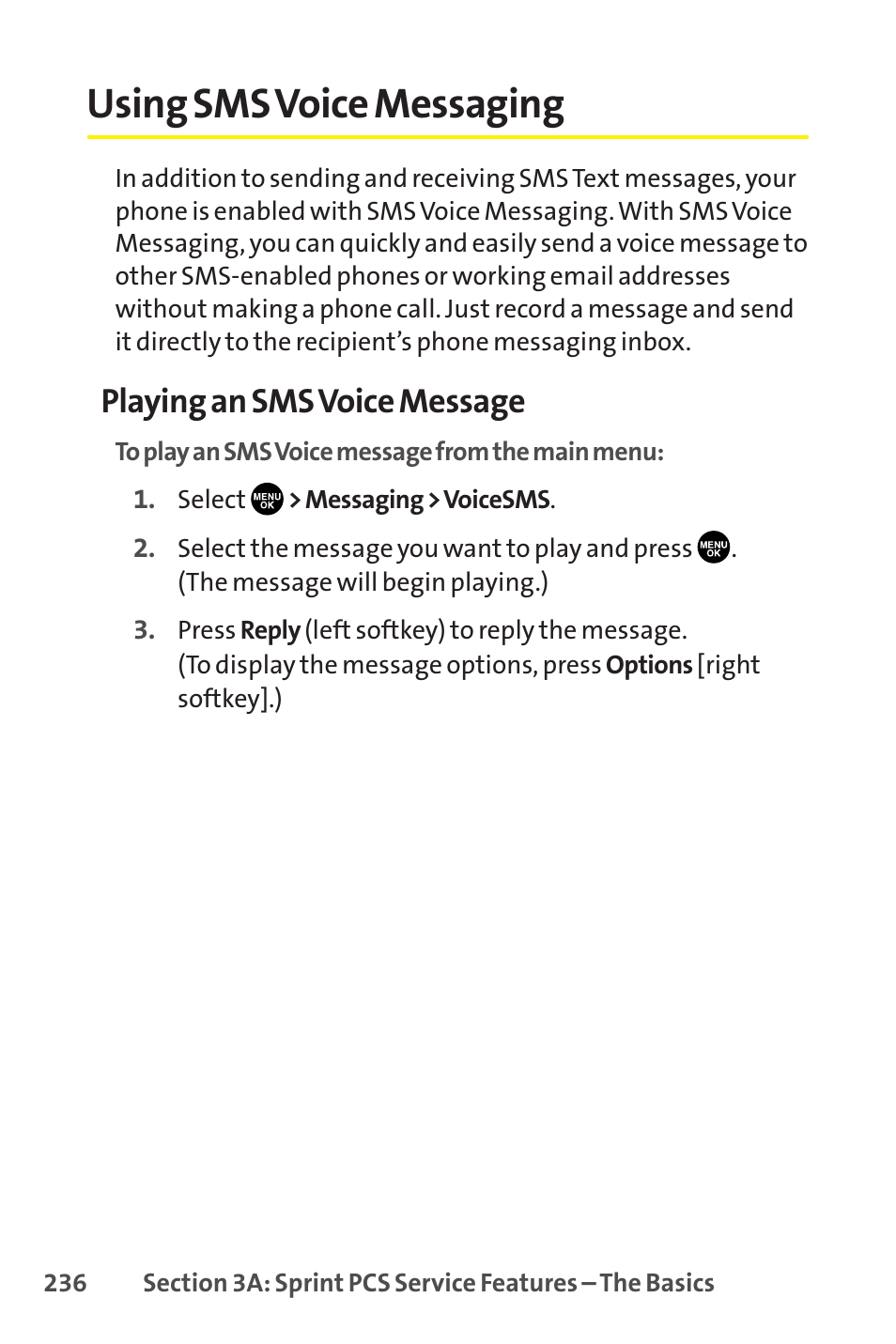 Using sms voice messaging, Playing an sms voice message | Sprint Nextel SCP-8400 User Manual | Page 252 / 282