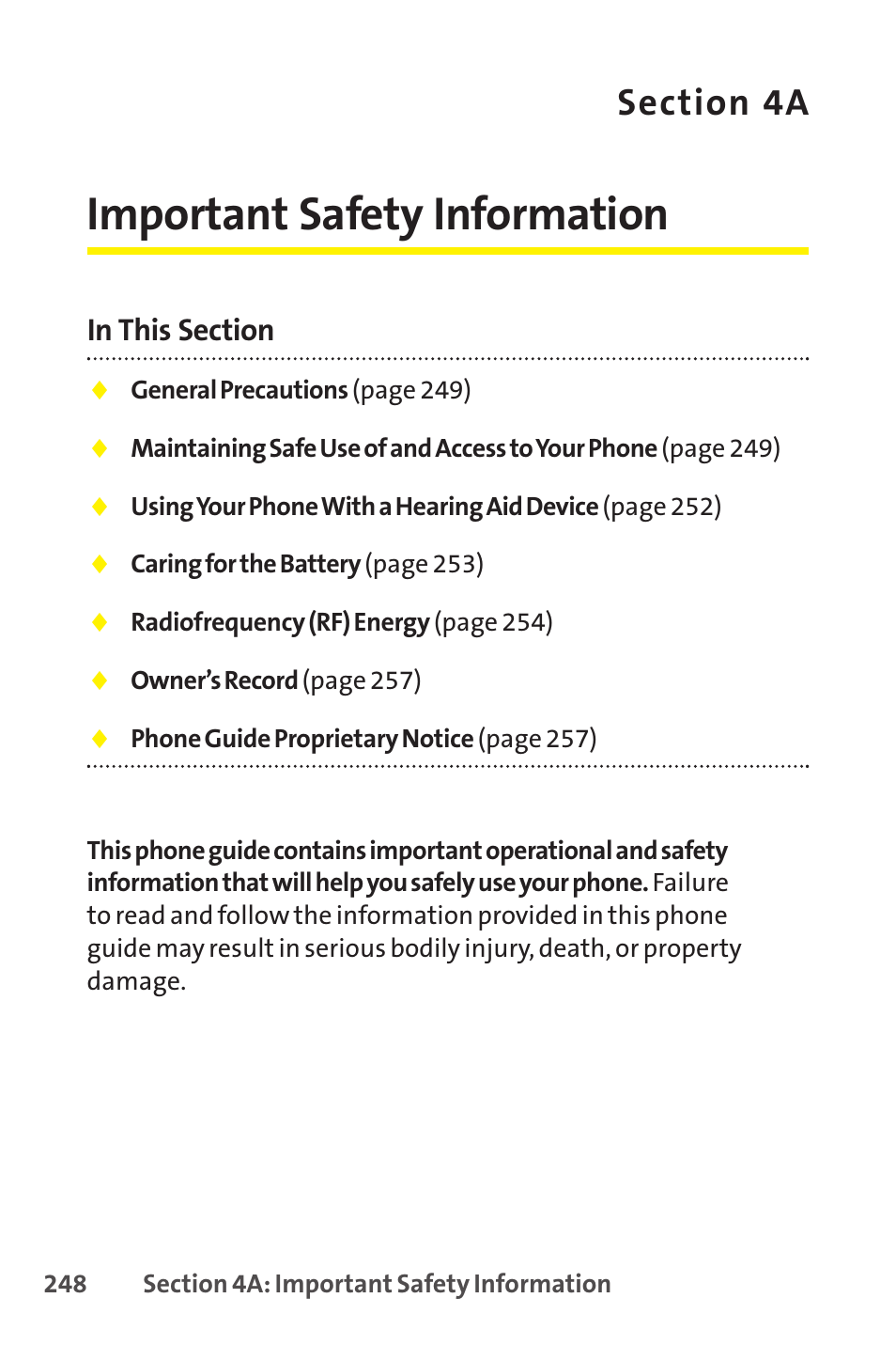 4a. important safety information, Important safety information | Sprint Nextel SCP-8400 User Manual | Page 264 / 282