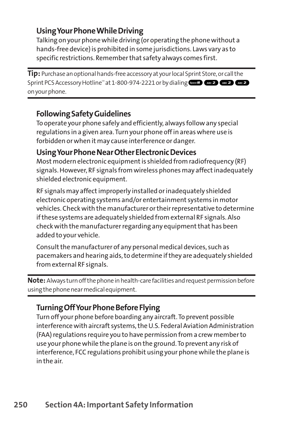 Following safety guidelines, Using your phone near other electronic devices, Turning off your phone before flying | Sprint Nextel SCP-8400 User Manual | Page 266 / 282