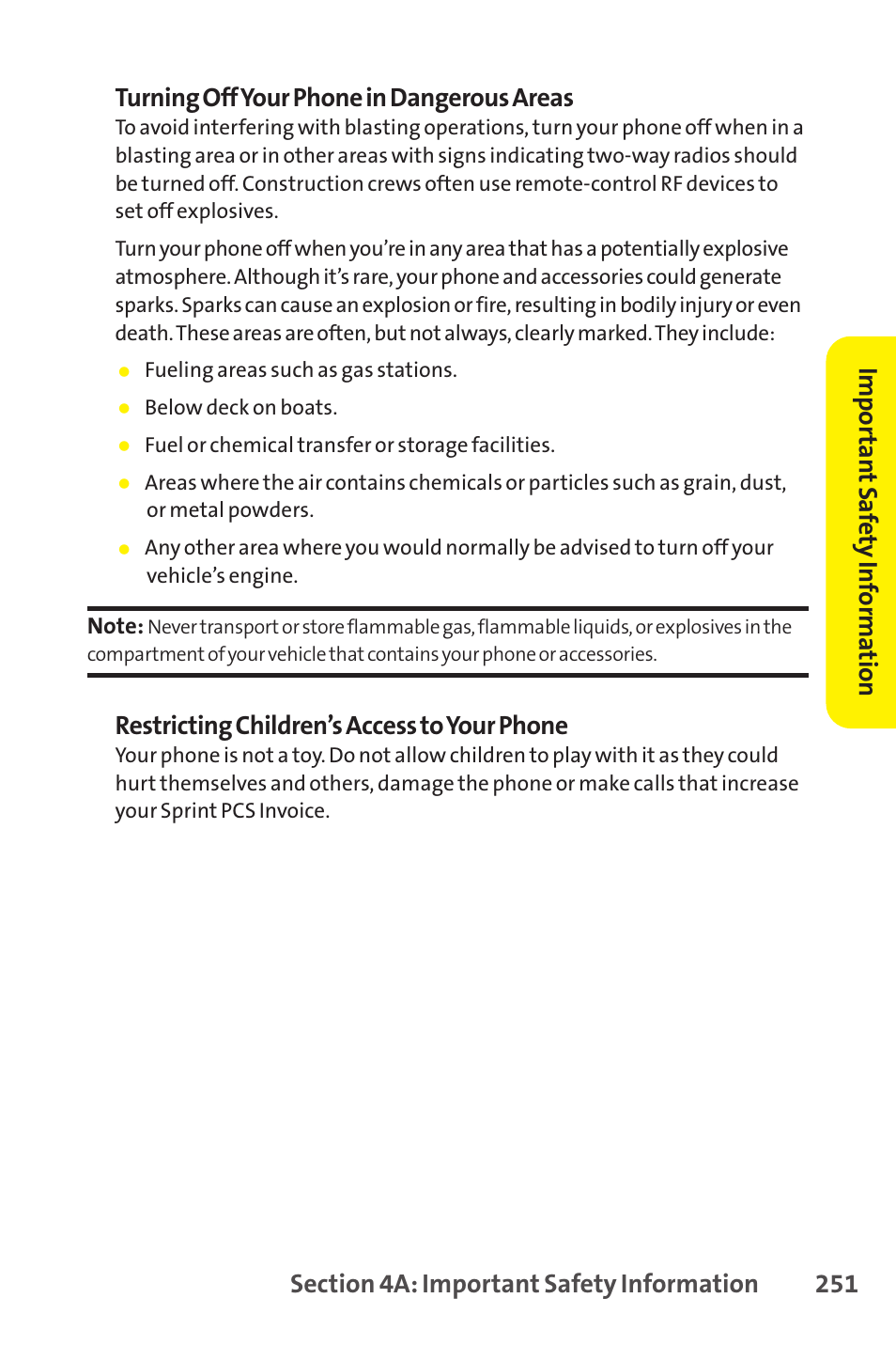 Restricting children’s access to your phone, Impor tan t saf ety inf orma tion | Sprint Nextel SCP-8400 User Manual | Page 267 / 282