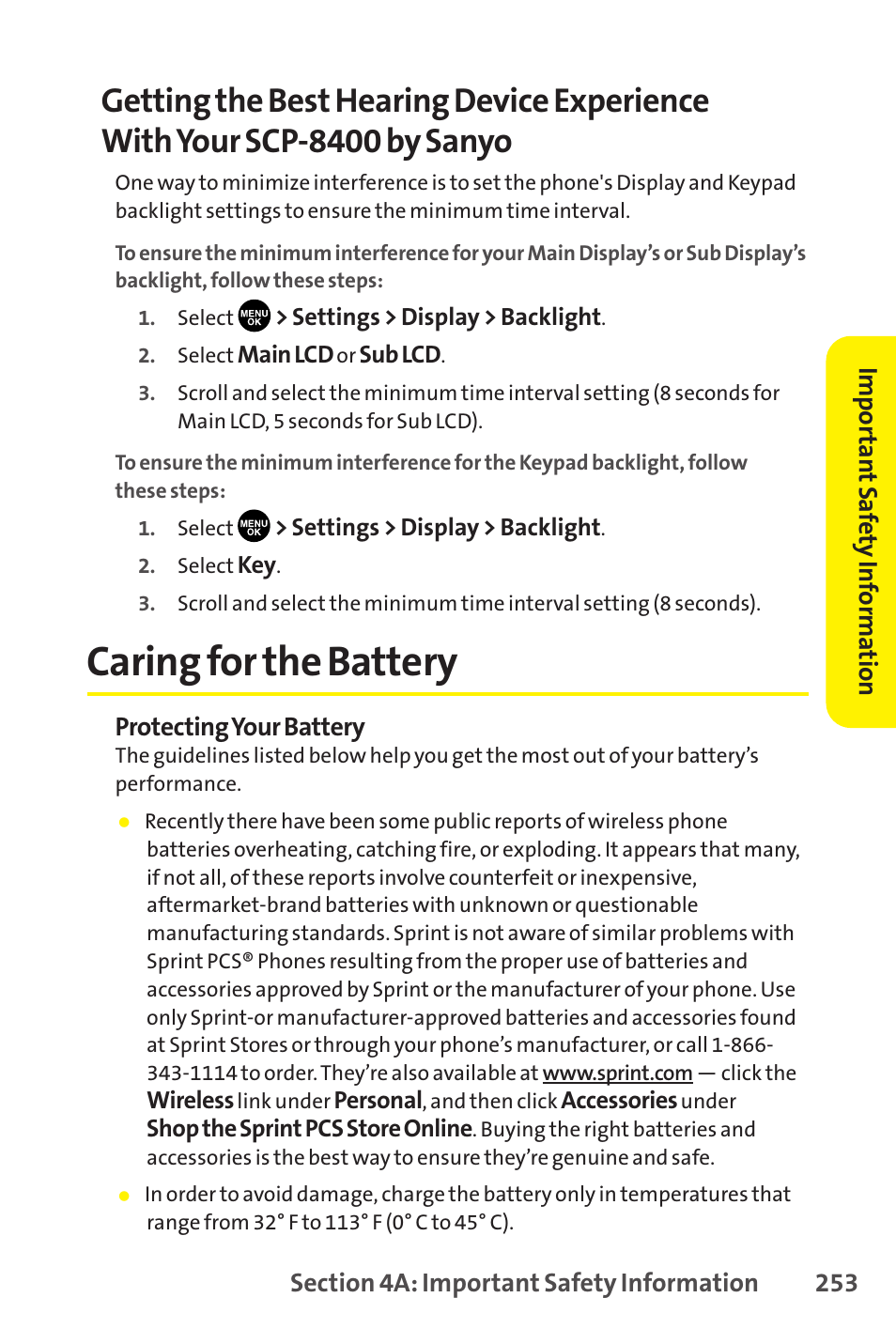 Caring for the battery | Sprint Nextel SCP-8400 User Manual | Page 269 / 282