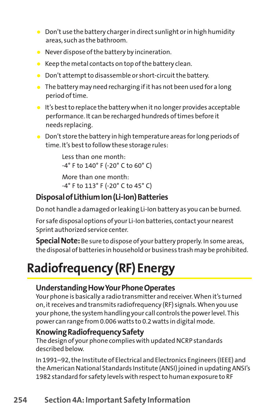 Radiofrequency (rf) energy, Disposal of lithium ion (li-ion) batteries, Understanding how your phone operates | Knowing radiofrequency safety | Sprint Nextel SCP-8400 User Manual | Page 270 / 282