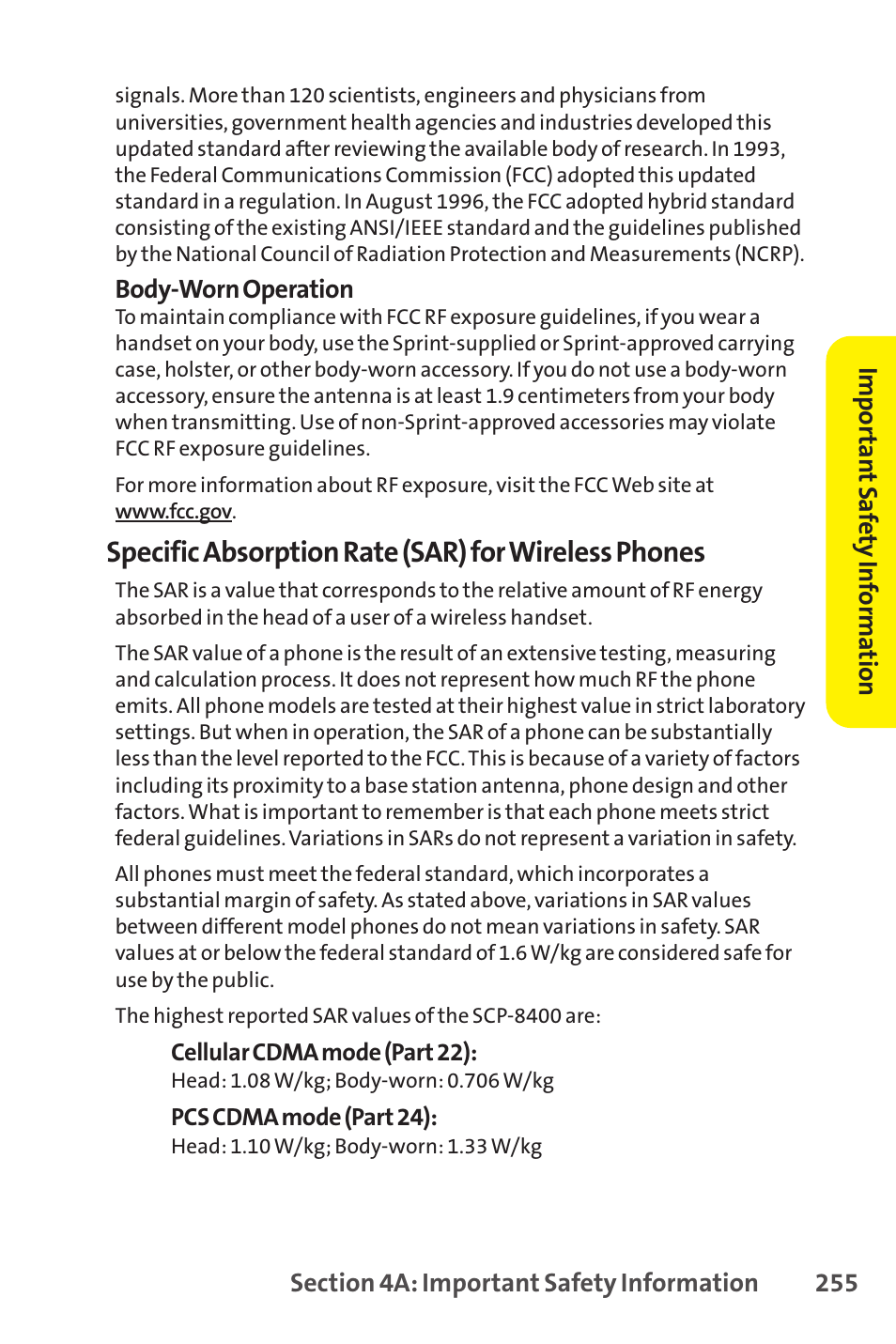 Specific absorption rate (sar) for wireless phones | Sprint Nextel SCP-8400 User Manual | Page 271 / 282