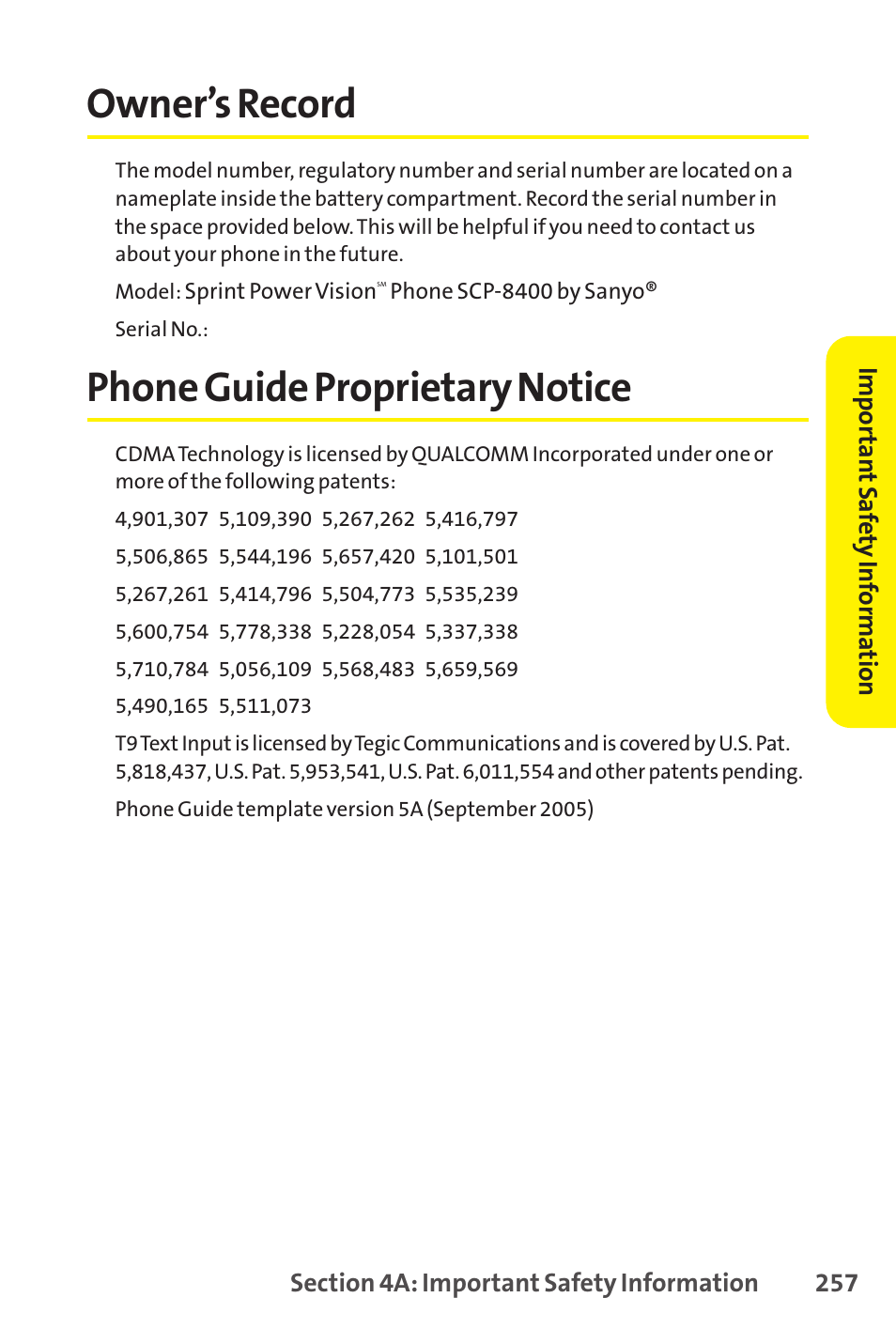 Owner ’s record, Phone guide proprietary notice, Owner’s record | Sprint Nextel SCP-8400 User Manual | Page 273 / 282