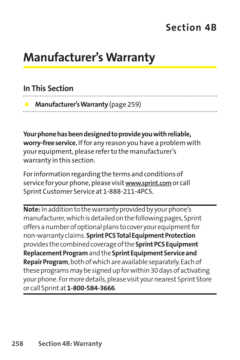 4b. manufacturer ’s warranty, 4b. manufacturer’s warranty, Manufacturer’s warranty | Sprint Nextel SCP-8400 User Manual | Page 274 / 282