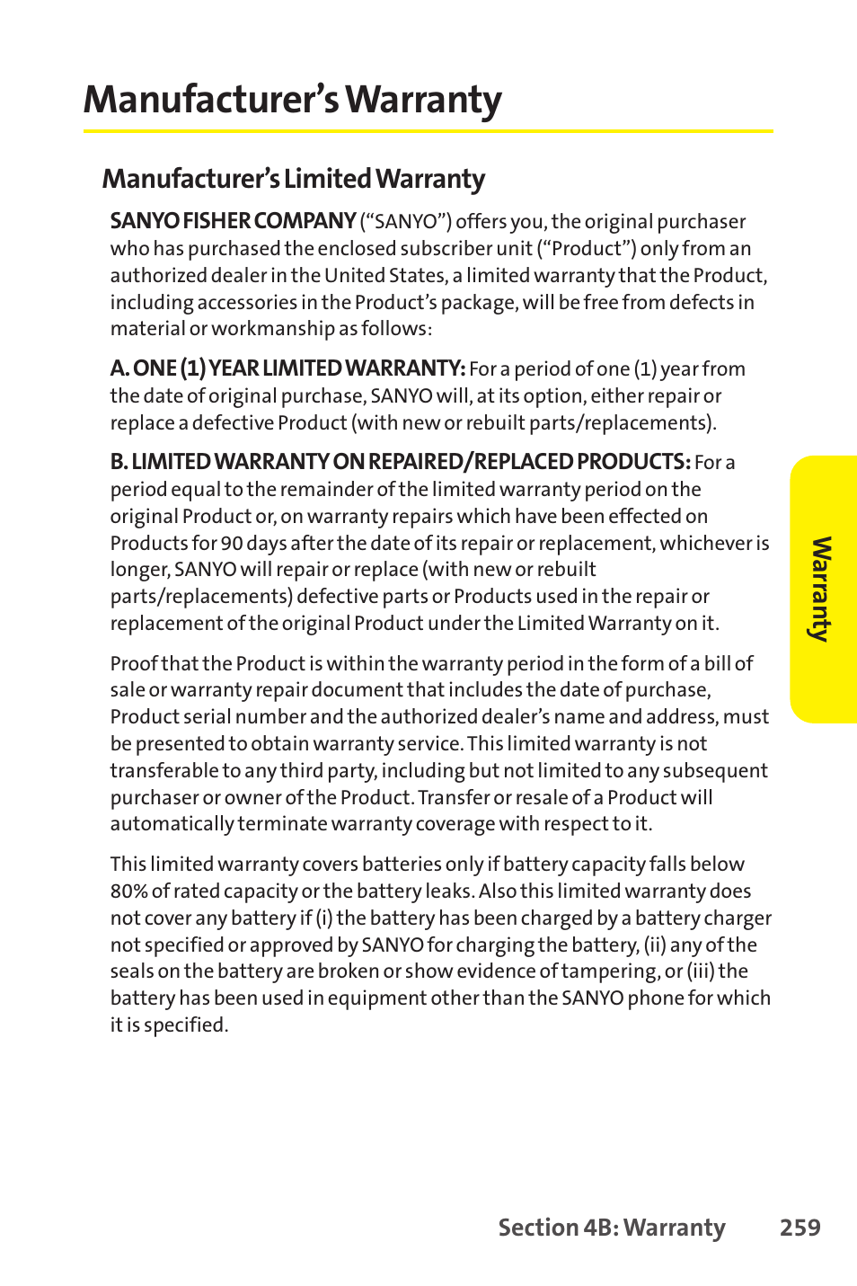 Manufacturer ’s warranty, Manufacturer’s warranty, Manufacturer’s limited warranty | Sprint Nextel SCP-8400 User Manual | Page 275 / 282