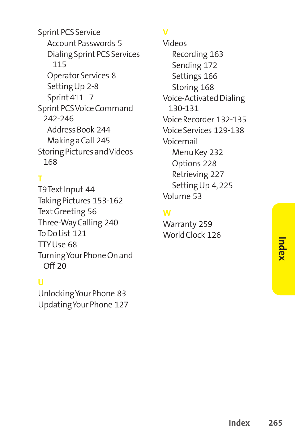 Inde x | Sprint Nextel SCP-8400 User Manual | Page 281 / 282