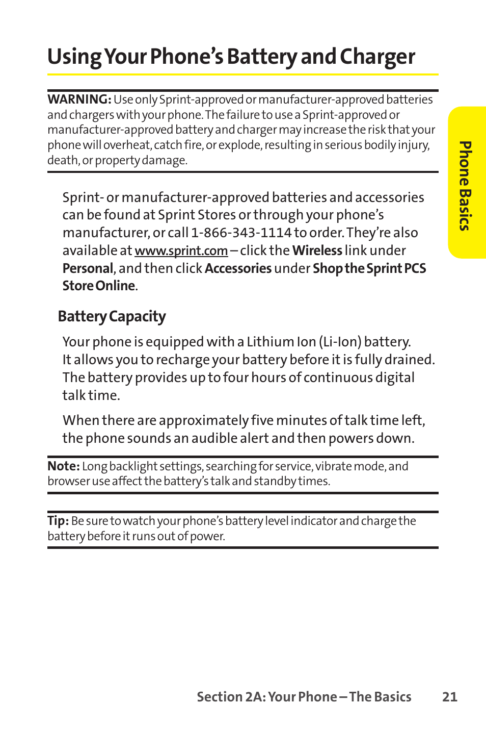 Using your phone ’s battery and charger, Using your phone’s battery and charger, Phone basics | Sprint Nextel SCP-8400 User Manual | Page 37 / 282