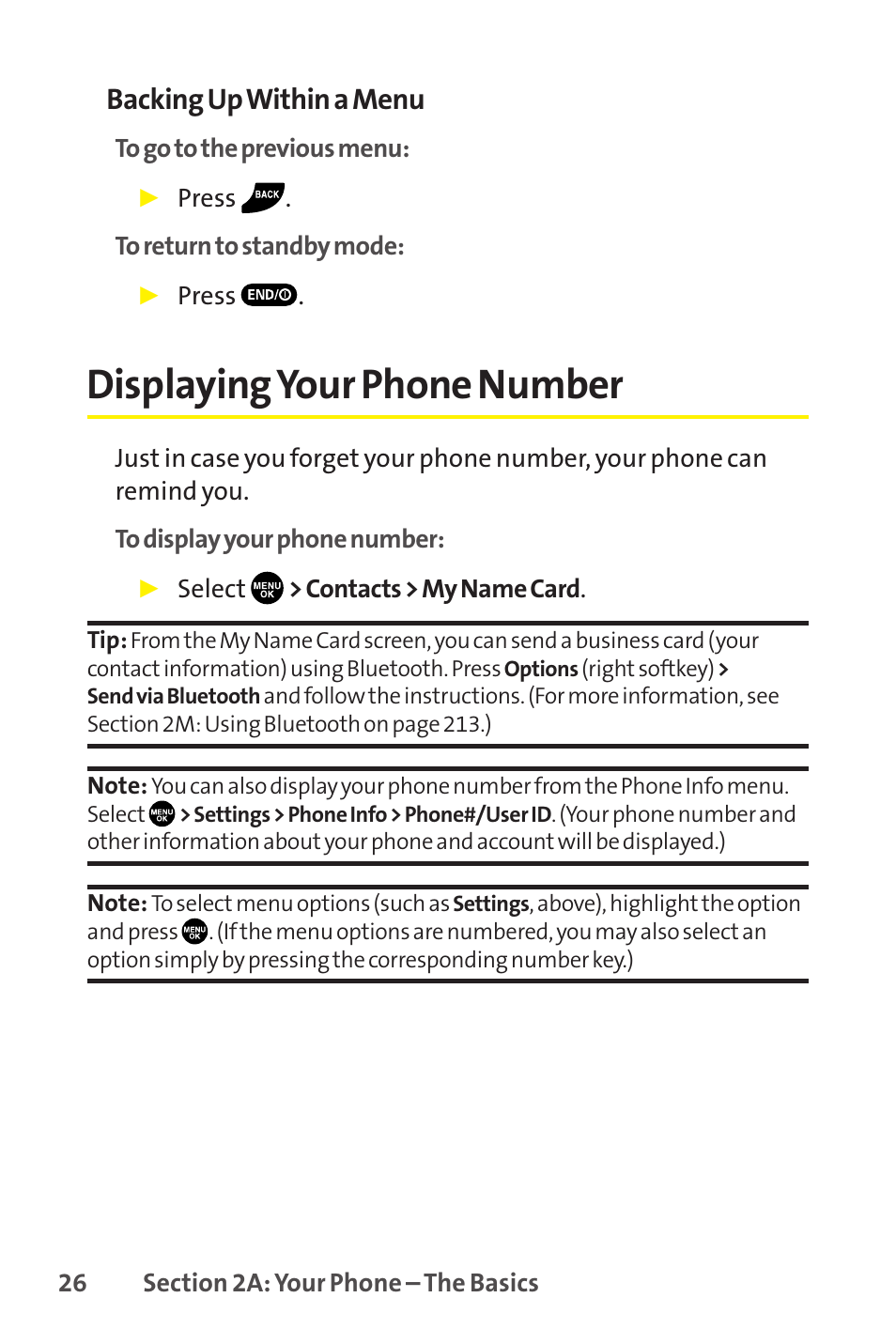 Displaying your phone number, Backing up within a menu | Sprint Nextel SCP-8400 User Manual | Page 42 / 282