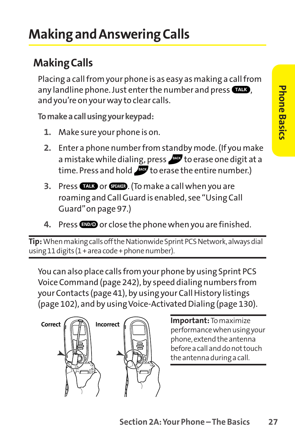 Making and answering calls, Making calls, Phone basics | Sprint Nextel SCP-8400 User Manual | Page 43 / 282