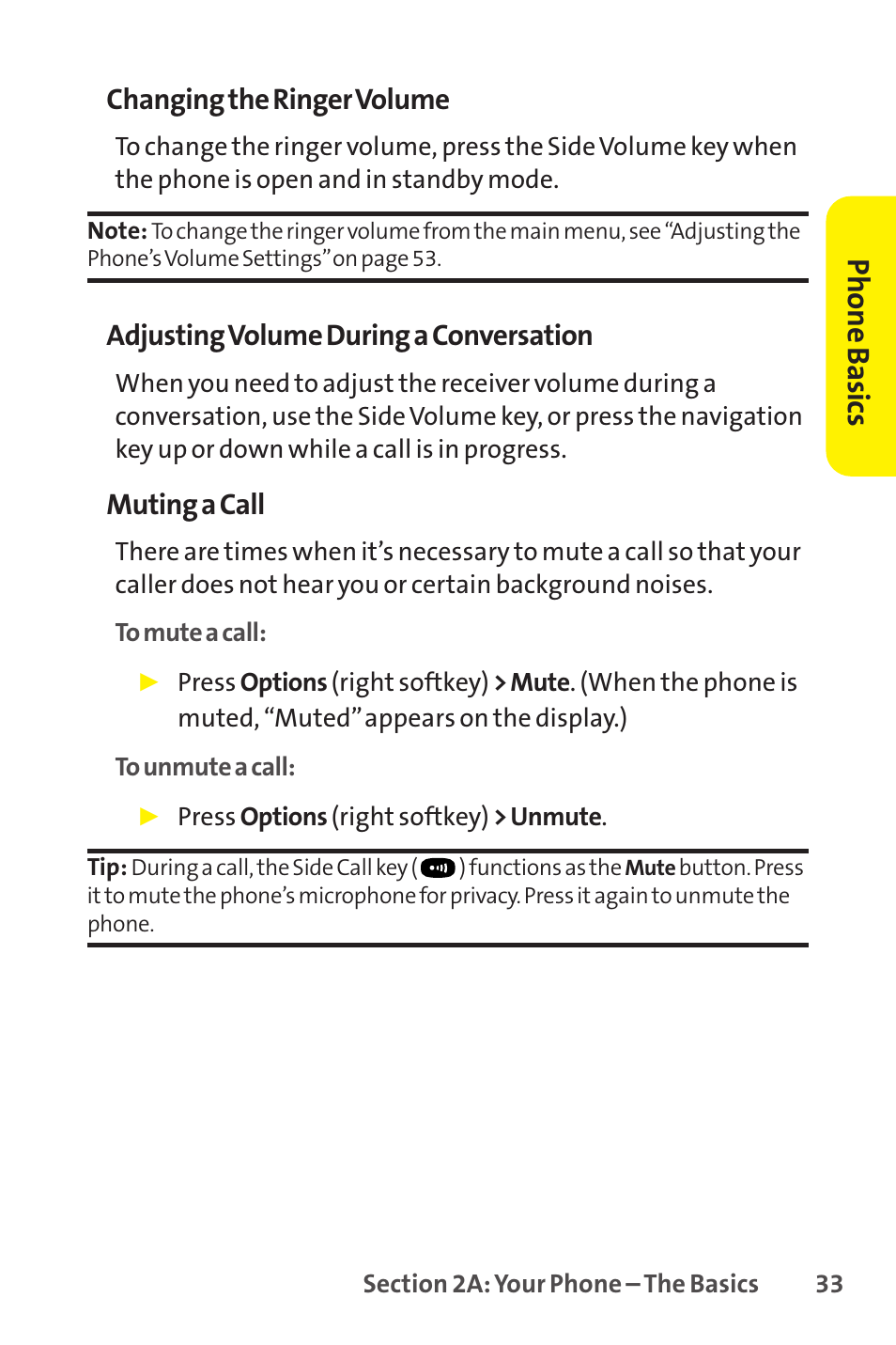 Phone basics, Changing the ringer volume, Adjusting volume during a conversation | Muting a call | Sprint Nextel SCP-8400 User Manual | Page 49 / 282