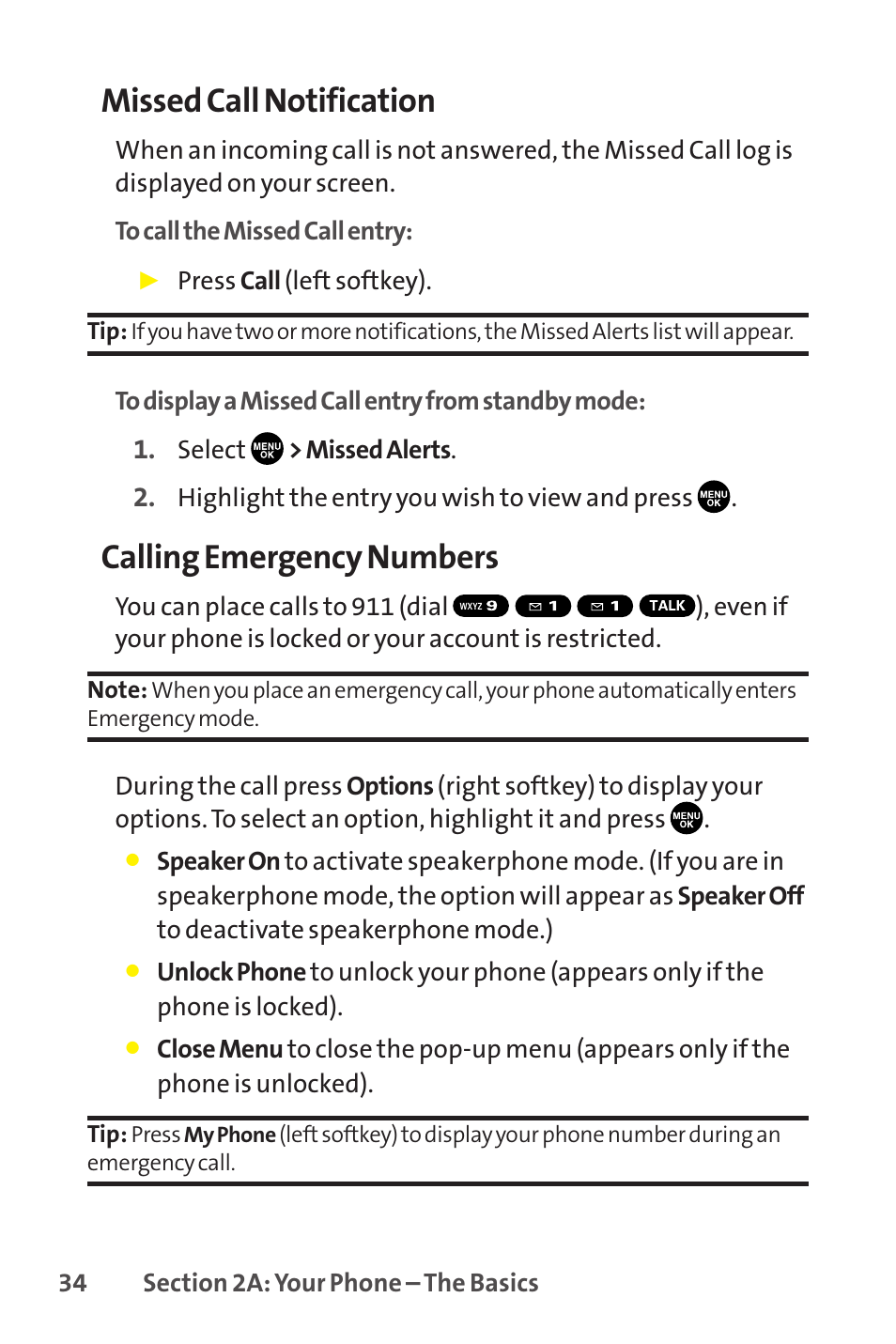 Missed call notification, Calling emergency numbers | Sprint Nextel SCP-8400 User Manual | Page 50 / 282