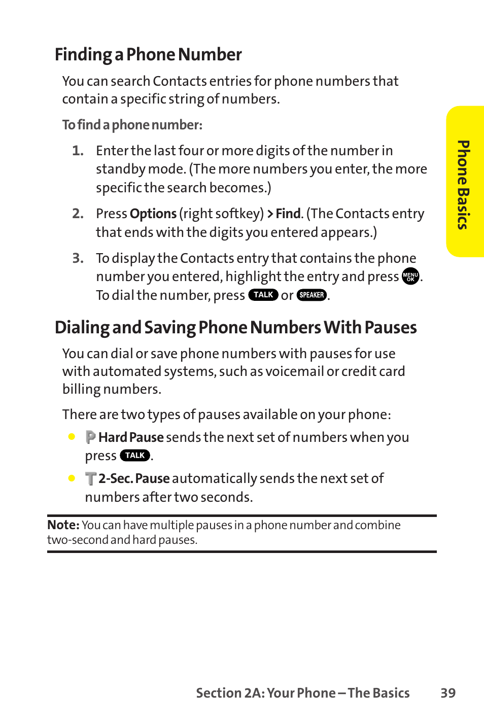 Finding a phone number, Dialing and saving phone numbers with pauses, Phone basics | Sprint Nextel SCP-8400 User Manual | Page 55 / 282