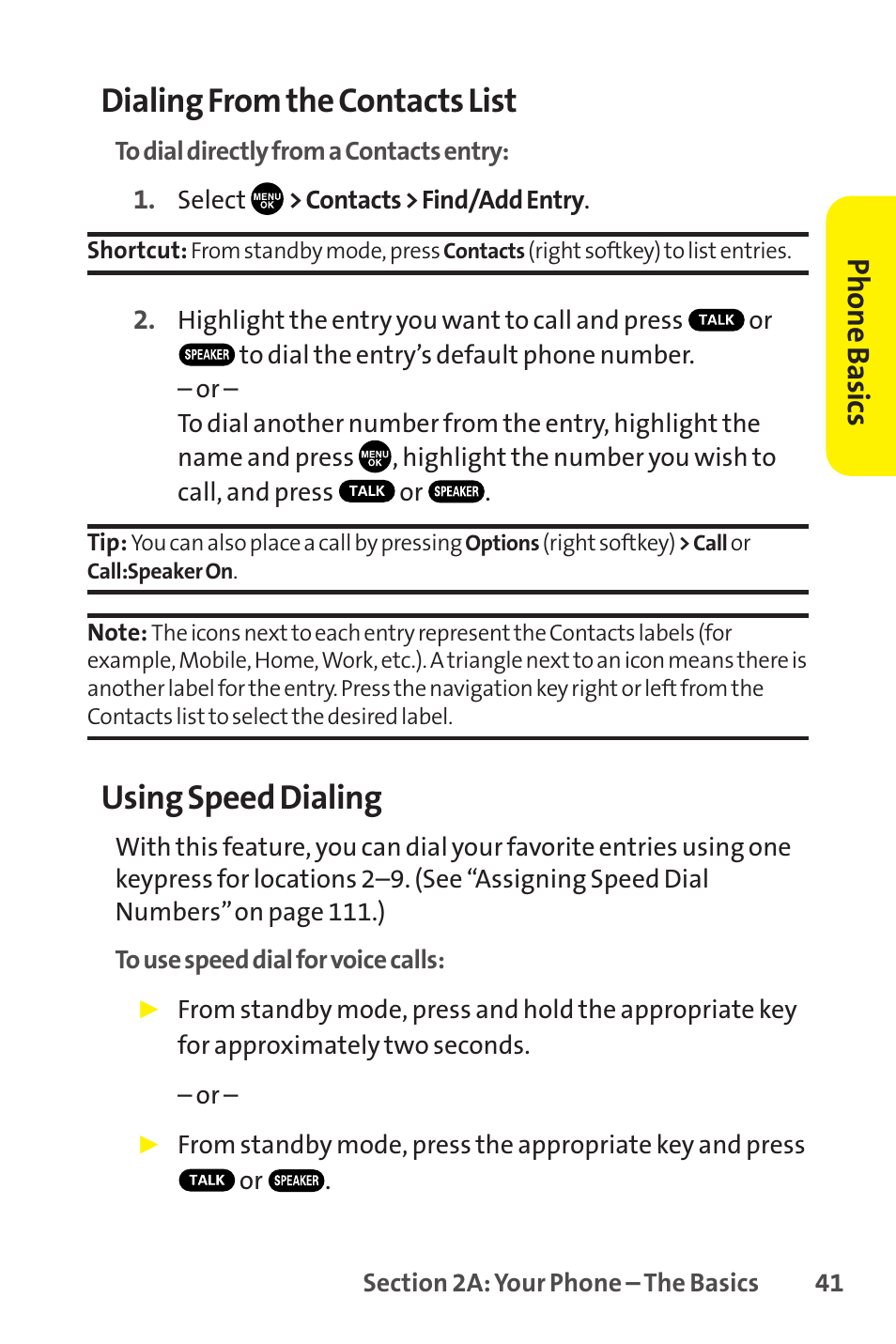 Dialing from the contacts list, Using speed dialing, Phone basics | Sprint Nextel SCP-8400 User Manual | Page 57 / 282