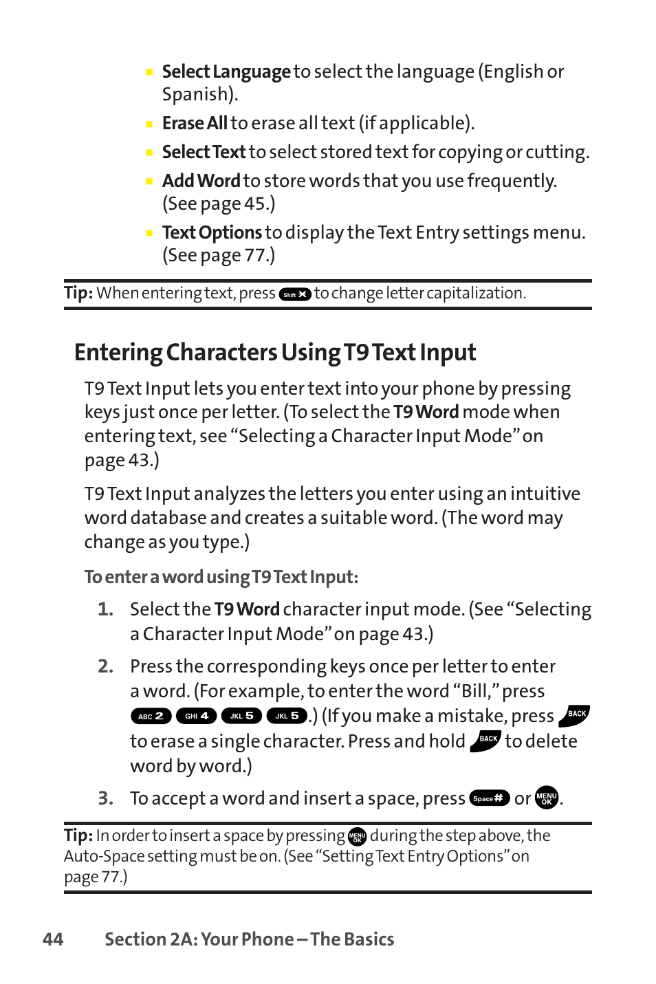 Entering characters using t9 text input, Erase all to erase all text (if applicable) | Sprint Nextel SCP-8400 User Manual | Page 60 / 282