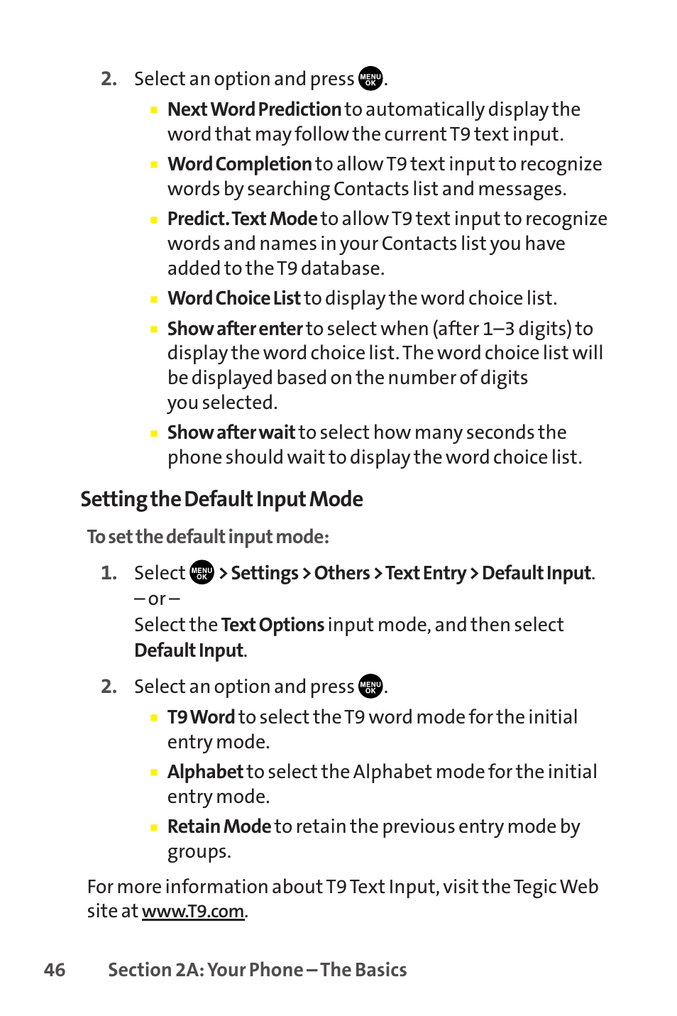 Setting the default input mode | Sprint Nextel SCP-8400 User Manual | Page 62 / 282