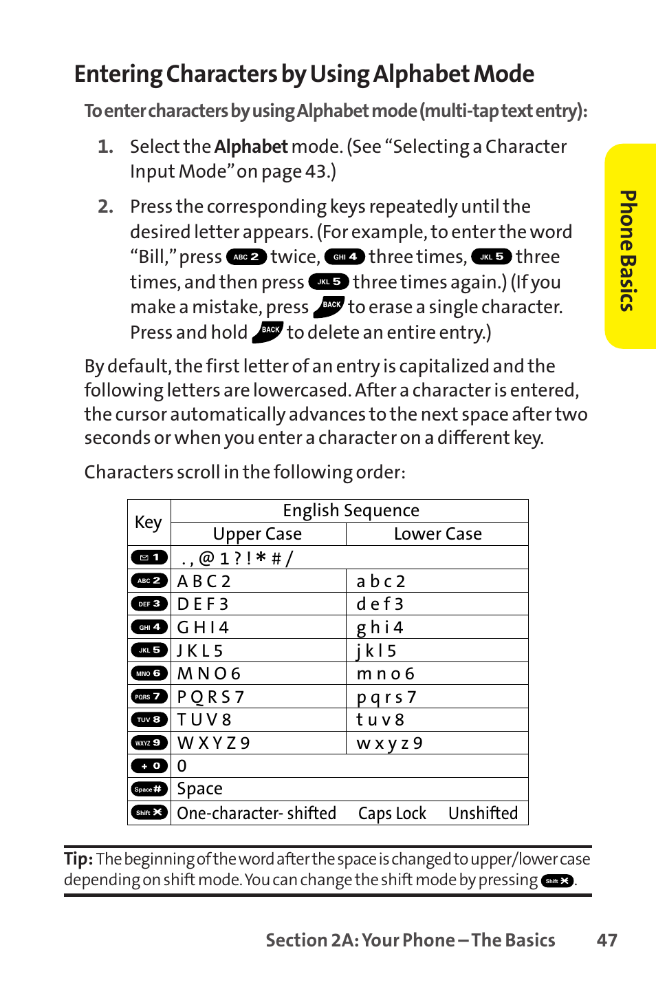 Entering characters by using alphabet mode, Phone basics | Sprint Nextel SCP-8400 User Manual | Page 63 / 282