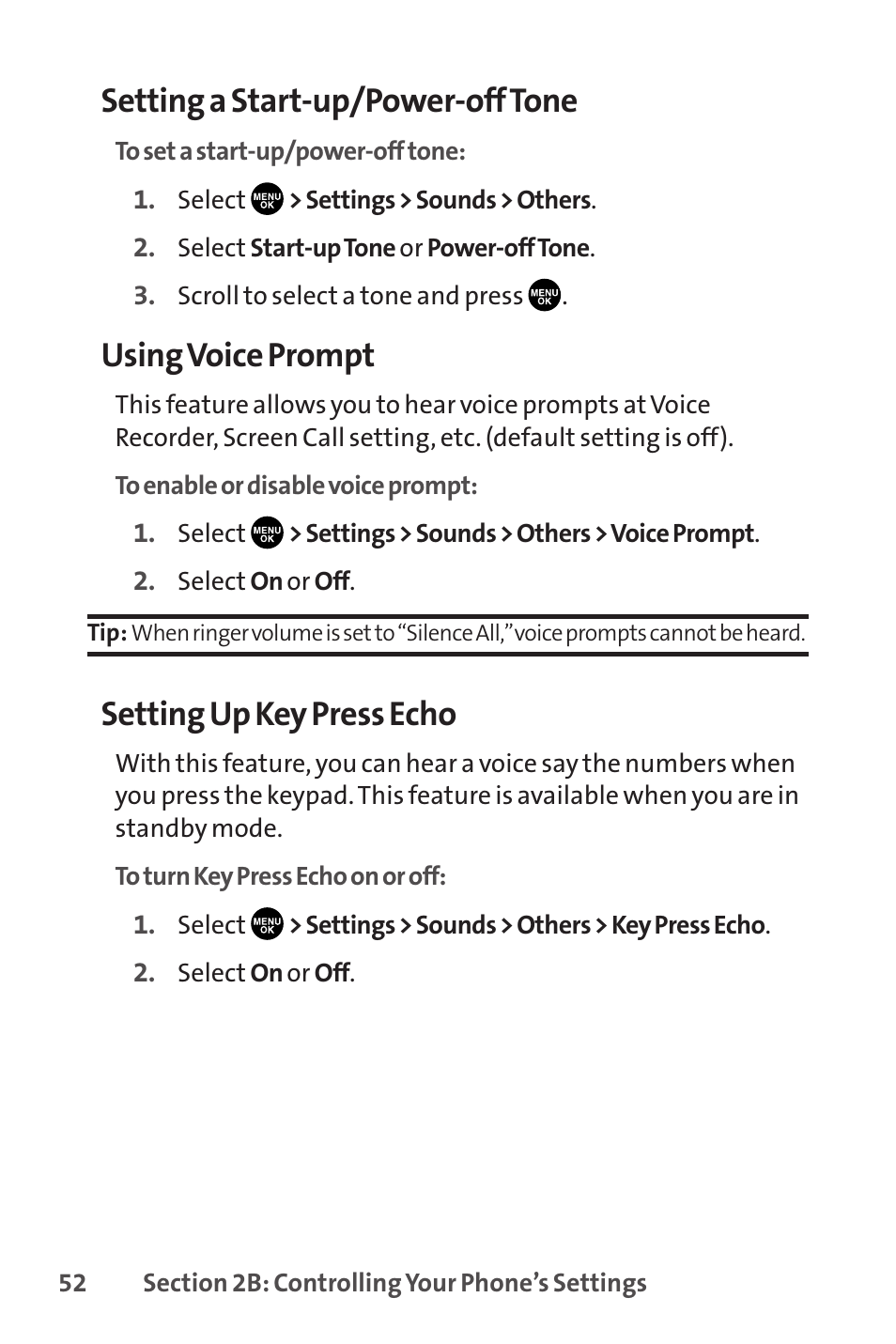 Setting a start-up/power-off tone, Using voice prompt, Setting up key press echo | Sprint Nextel SCP-8400 User Manual | Page 68 / 282