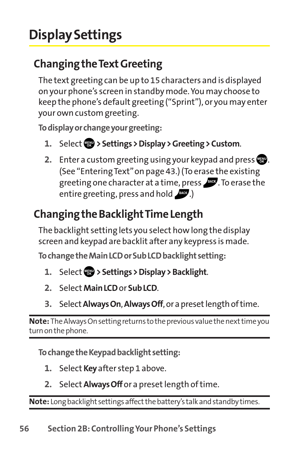 Display settings, Changing the text greeting, Changing the backlight time length | Sprint Nextel SCP-8400 User Manual | Page 72 / 282