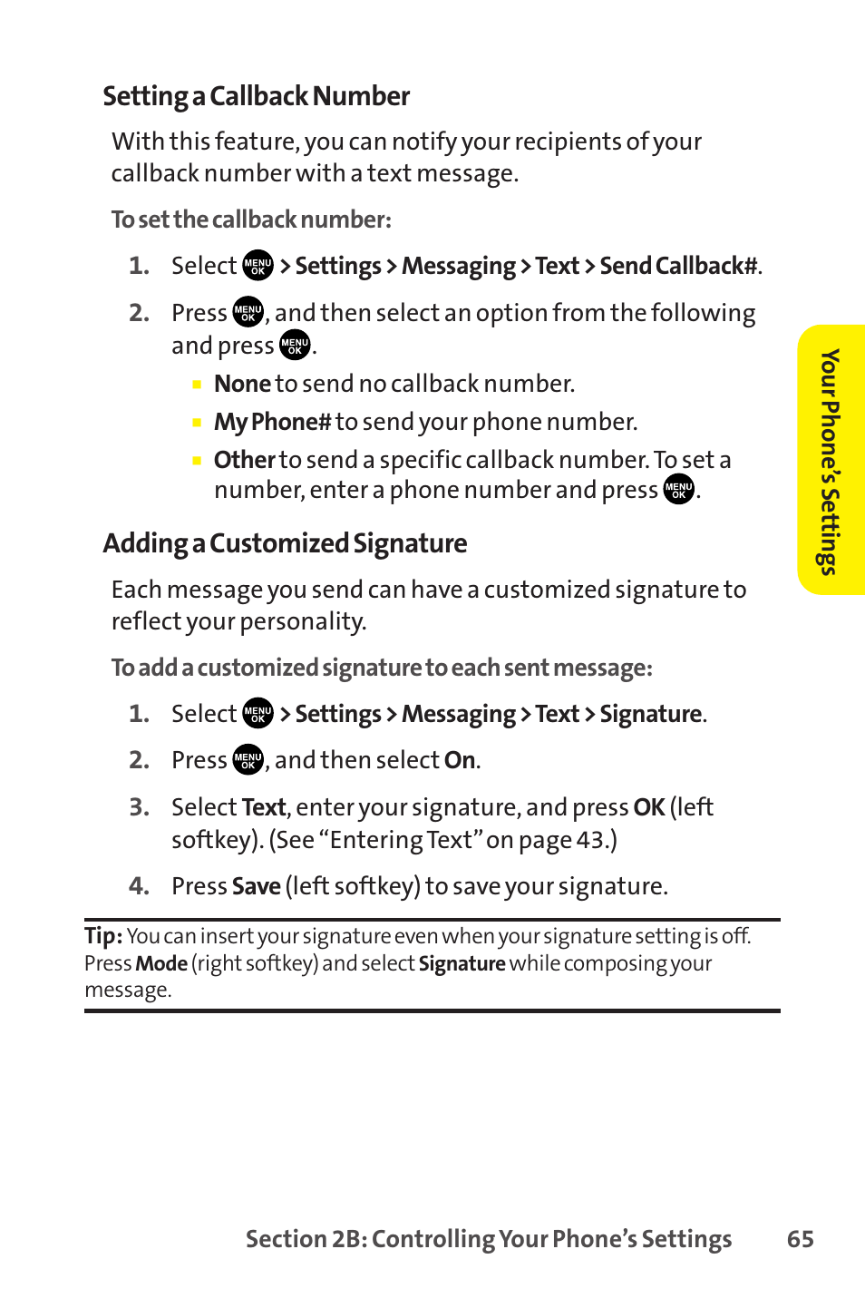 Setting a callback number, Adding a customized signature | Sprint Nextel SCP-8400 User Manual | Page 81 / 282