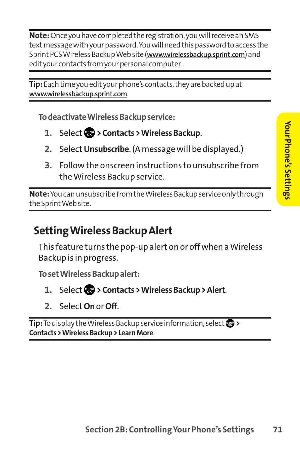 Setting wireless backup alert | Sprint Nextel SCP-8400 User Manual | Page 87 / 282