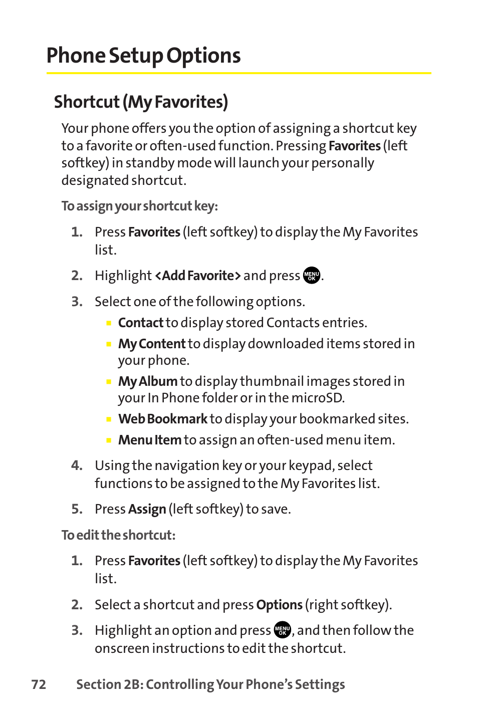 Phone setup options, Shortcut (my favorites) | Sprint Nextel SCP-8400 User Manual | Page 88 / 282