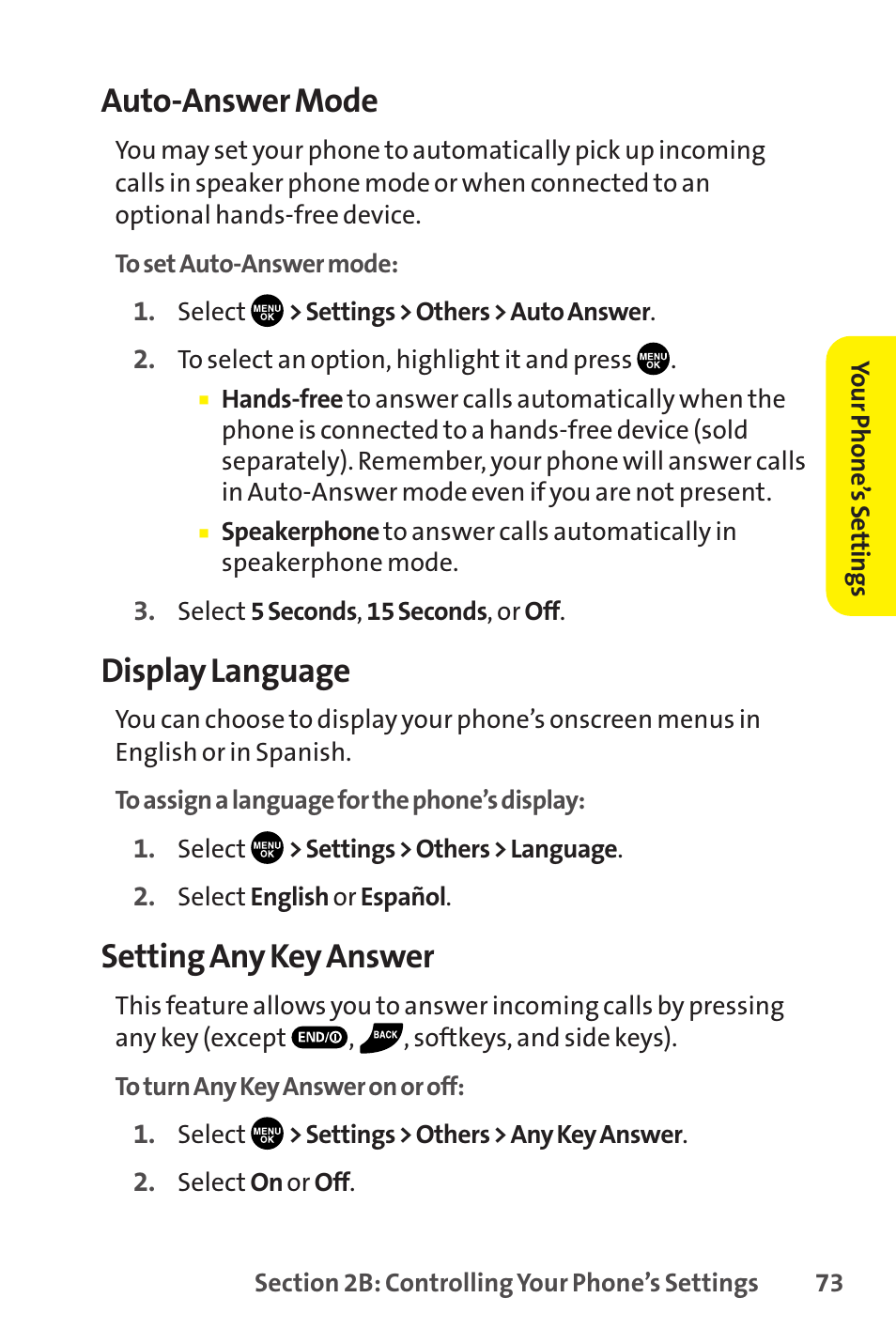 Auto-answer mode, Display language, Setting any key answer | Sprint Nextel SCP-8400 User Manual | Page 89 / 282