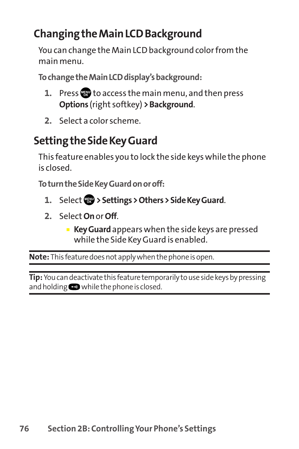 Changing the main lcd background, Setting the side key guard | Sprint Nextel SCP-8400 User Manual | Page 92 / 282