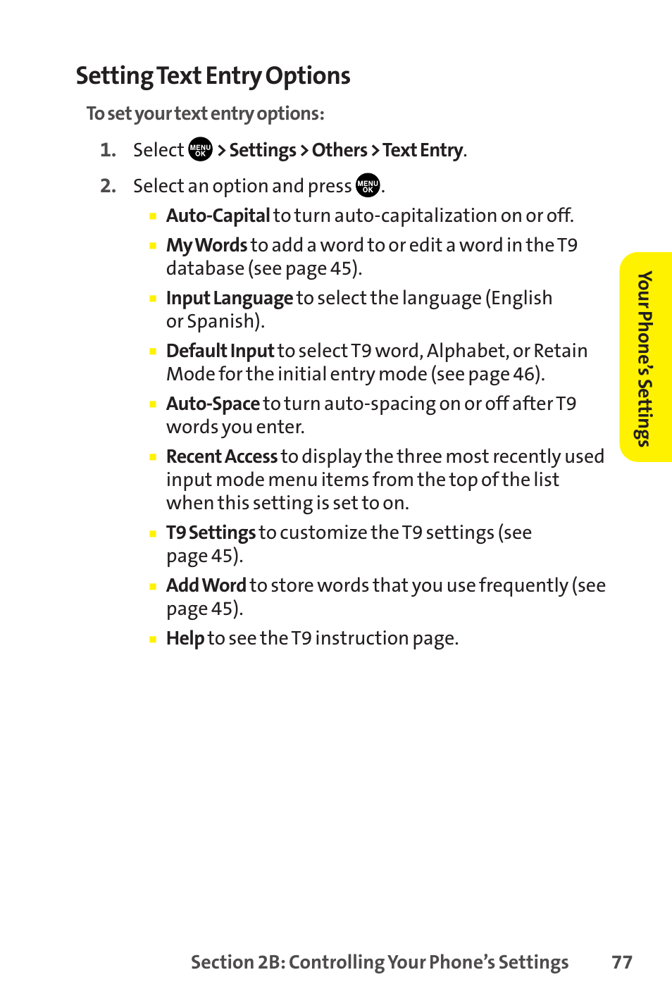 Setting text entry options | Sprint Nextel SCP-8400 User Manual | Page 93 / 282