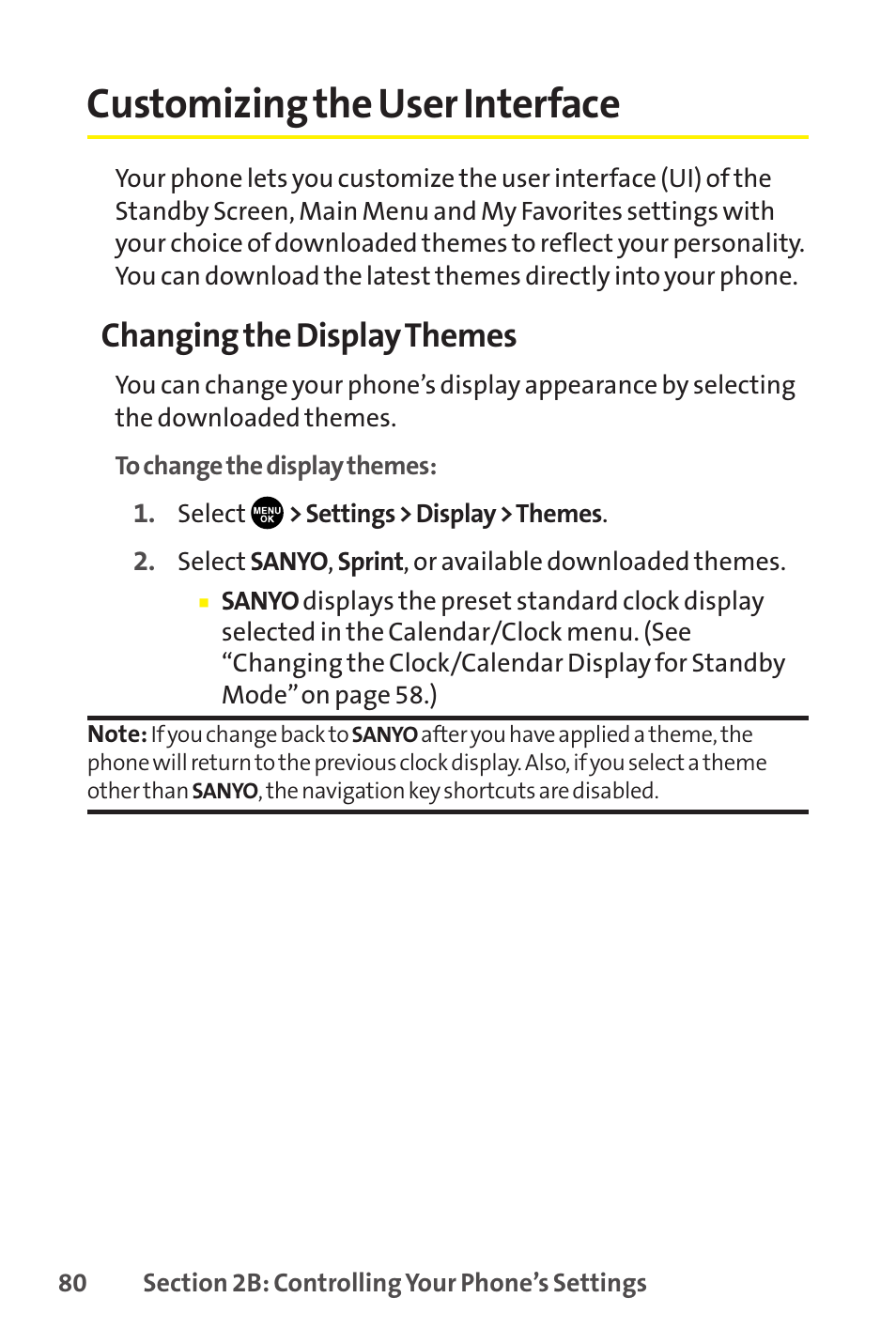 Customizing the user interface, Changing the display themes | Sprint Nextel SCP-8400 User Manual | Page 96 / 282