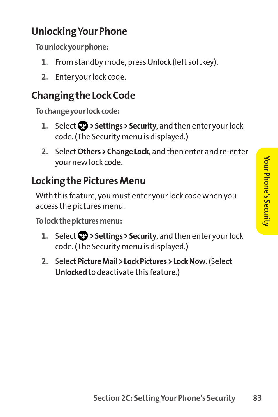 Unlocking your phone, Changing the lock code, Locking the pictures menu | Sprint Nextel SCP-8400 User Manual | Page 99 / 282