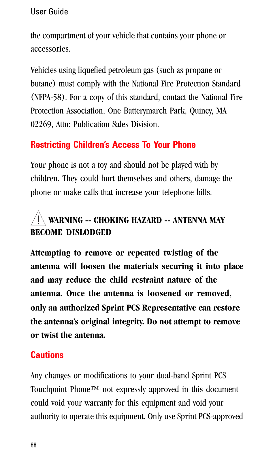 Restricting children’s access to your phone, Cautions | Sprint Nextel LA990009-0462 User Manual | Page 100 / 108