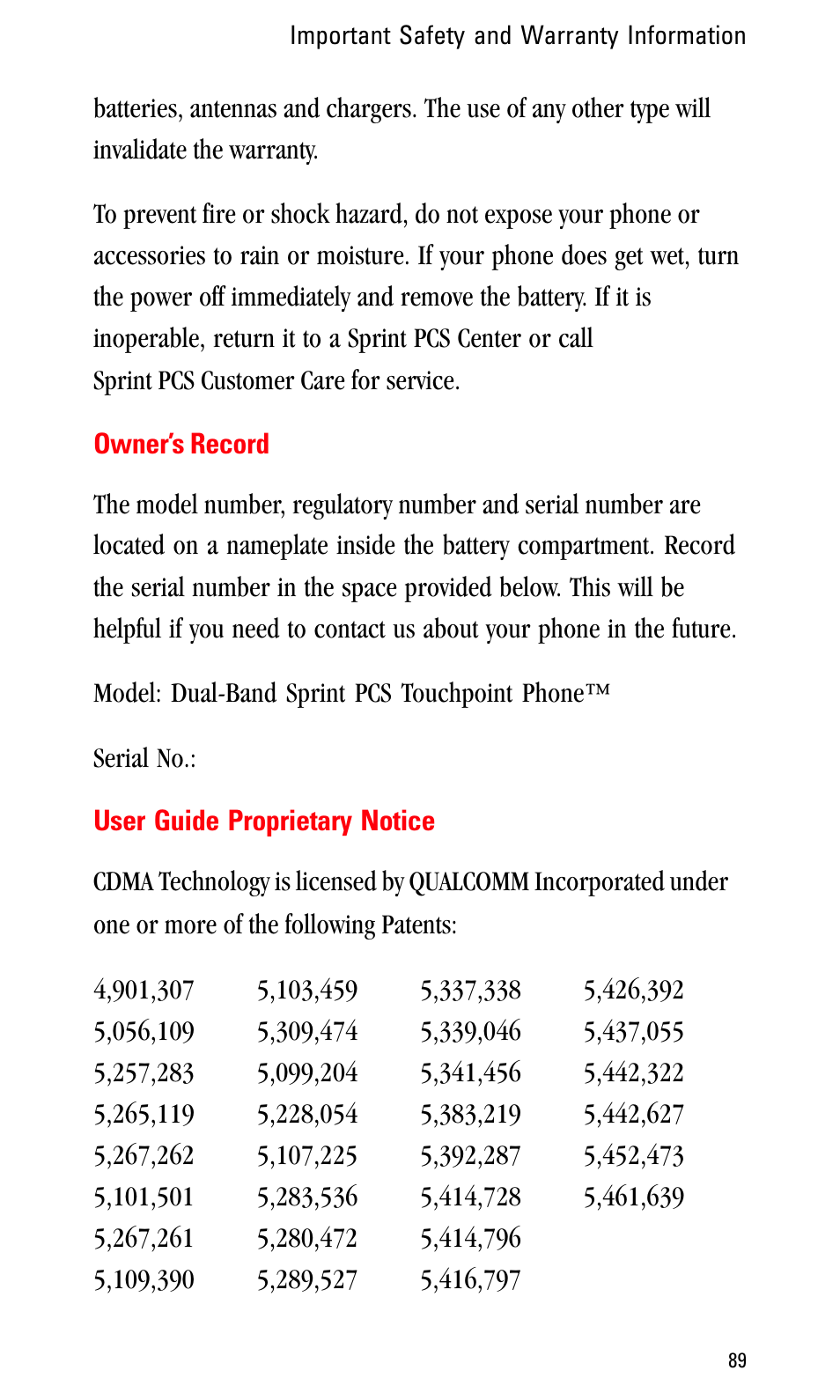 Owner’s record, User guide proprietary notice | Sprint Nextel LA990009-0462 User Manual | Page 101 / 108