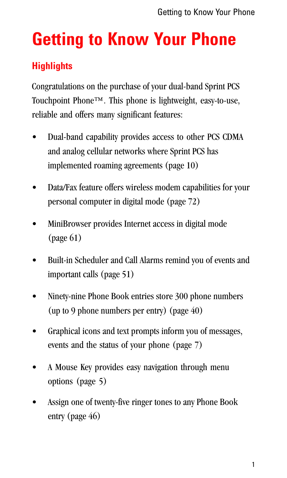 Getting to know your phone, Highlights | Sprint Nextel LA990009-0462 User Manual | Page 13 / 108