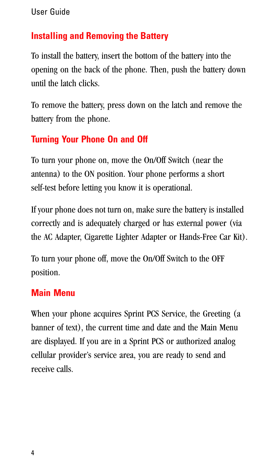 Installing and removing the battery, Turning your phone on and off, Main menu | Sprint Nextel LA990009-0462 User Manual | Page 16 / 108