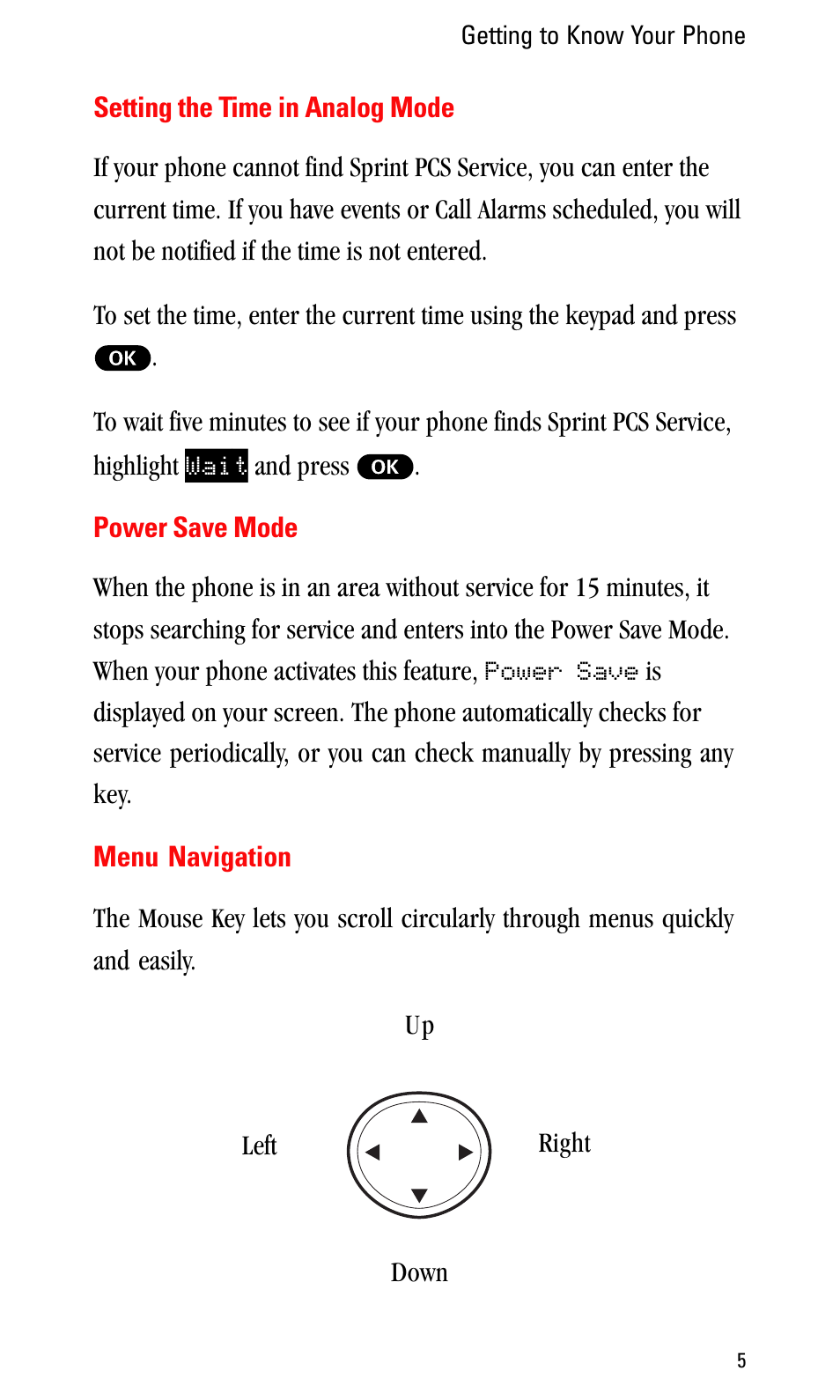 Setting the time in analog mode, Power save mode, Menu navigation | Sprint Nextel LA990009-0462 User Manual | Page 17 / 108