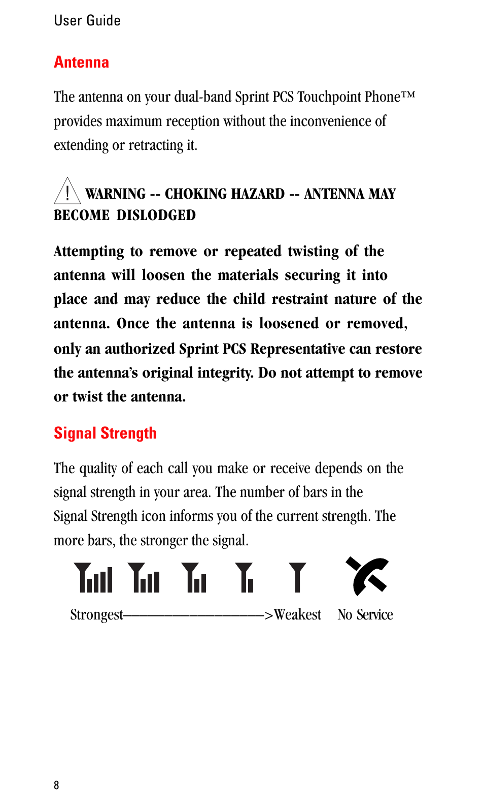 Antenna, Signal strength | Sprint Nextel LA990009-0462 User Manual | Page 20 / 108