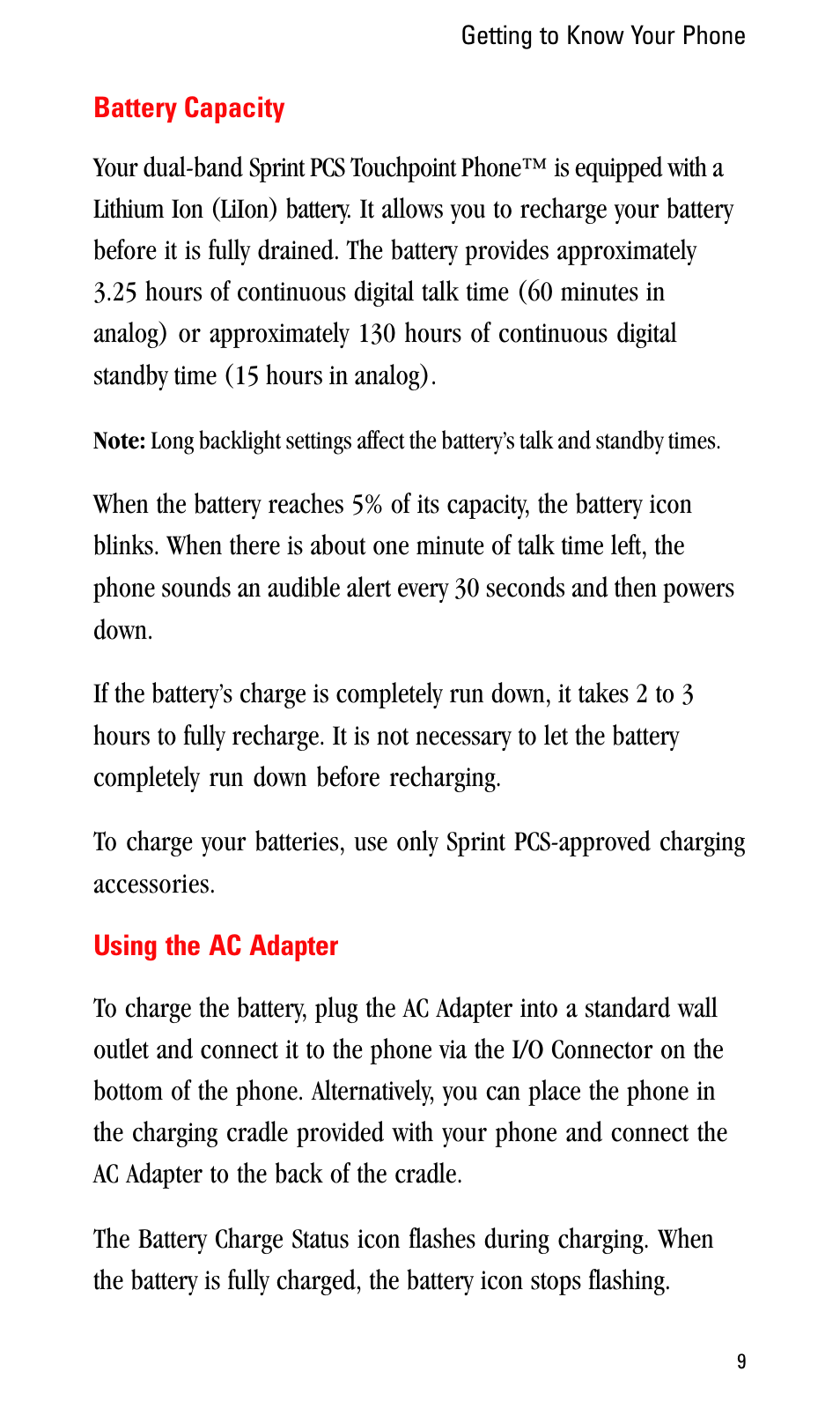 Battery capacity, Using the ac adapter | Sprint Nextel LA990009-0462 User Manual | Page 21 / 108