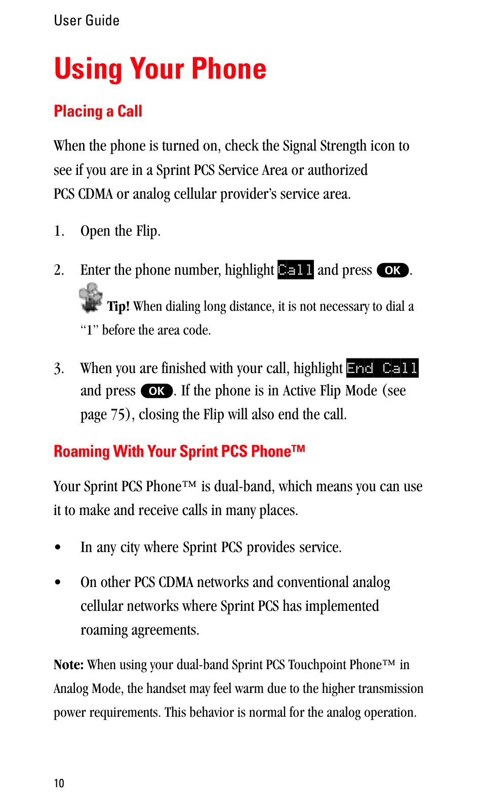 Using your phone, Placing a call, Roaming with your sprint pcs phone | Sprint Nextel LA990009-0462 User Manual | Page 22 / 108