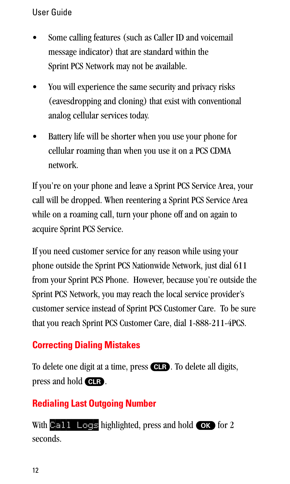 Correcting dialing mistakes, Redialing last outgoing number | Sprint Nextel LA990009-0462 User Manual | Page 24 / 108