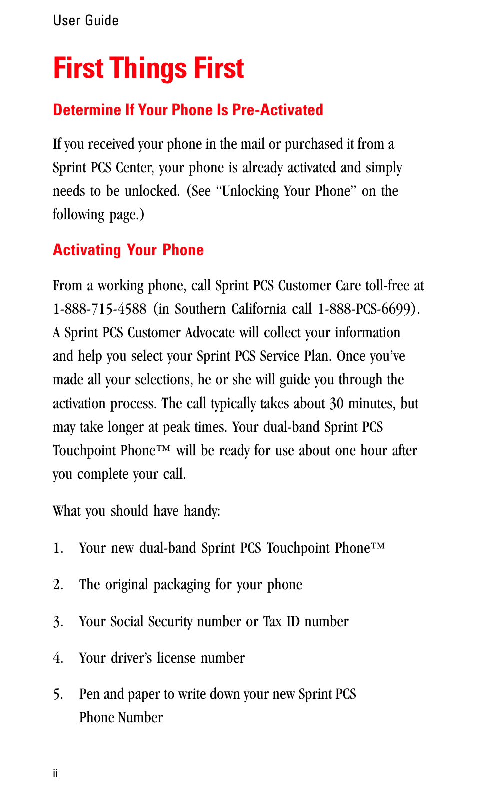 First things first, Determine if your phone is pre-activated, Activating your phone | Sprint Nextel LA990009-0462 User Manual | Page 3 / 108