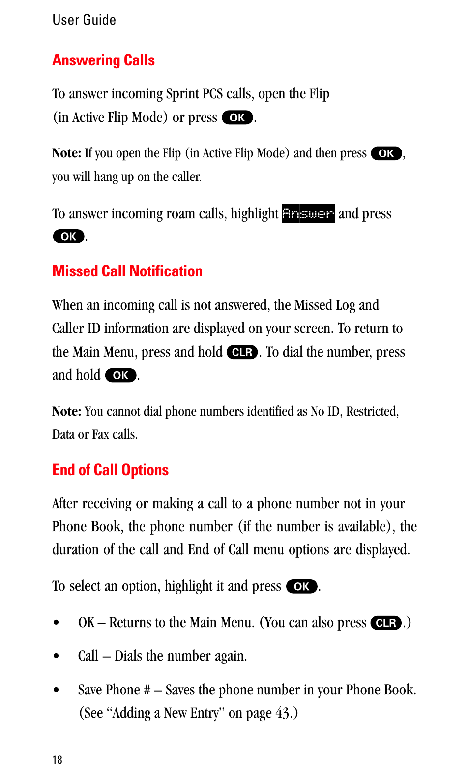 Answering calls, Missed call notification, End of call options | Sprint Nextel LA990009-0462 User Manual | Page 30 / 108