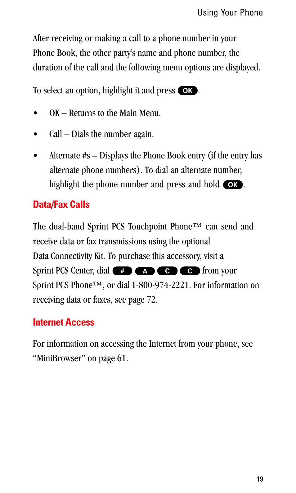 Data/fax calls, Internet access | Sprint Nextel LA990009-0462 User Manual | Page 31 / 108