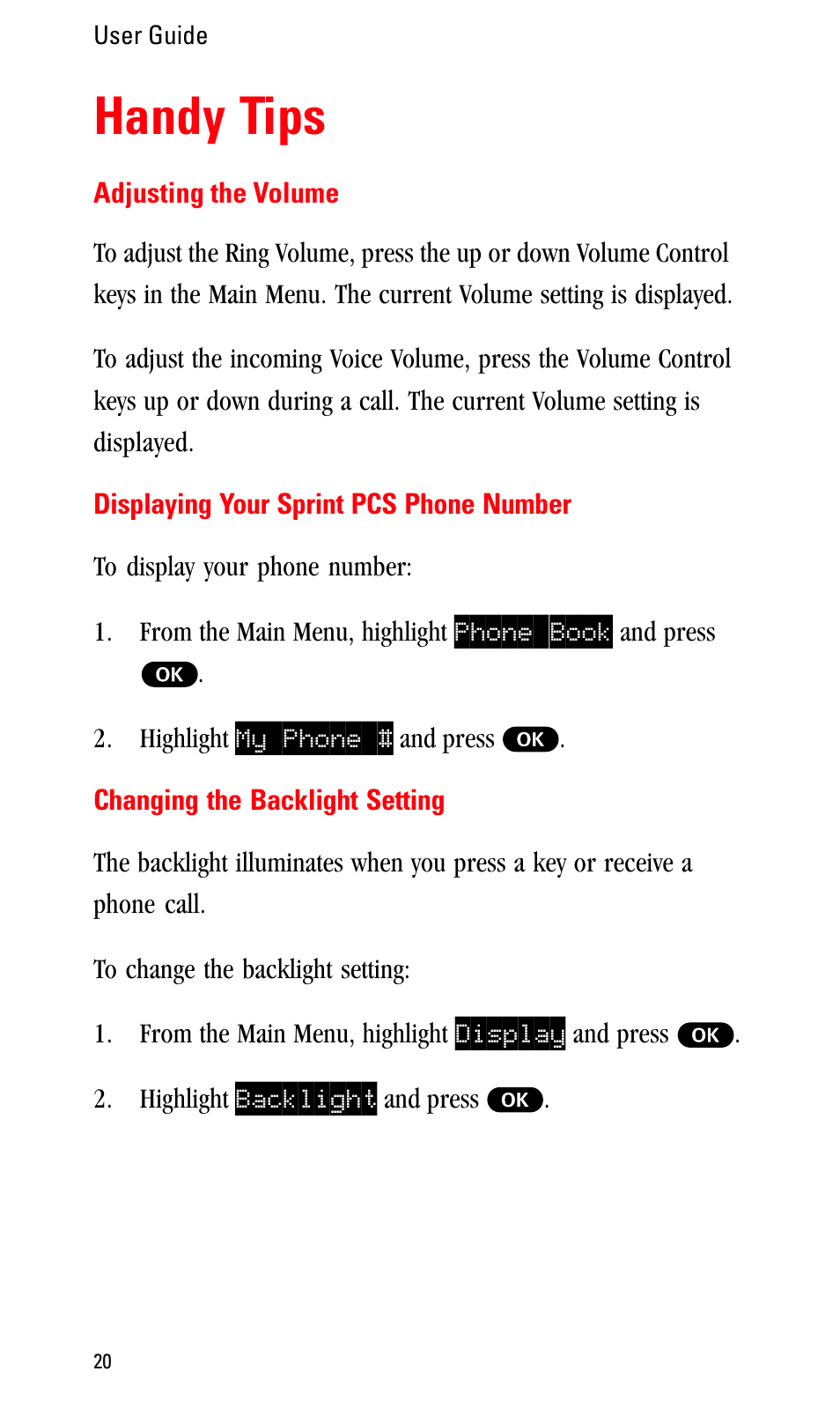 Handy tips, Adjusting the volume, Displaying your sprint pcs phone number | Changing the backlight setting | Sprint Nextel LA990009-0462 User Manual | Page 32 / 108