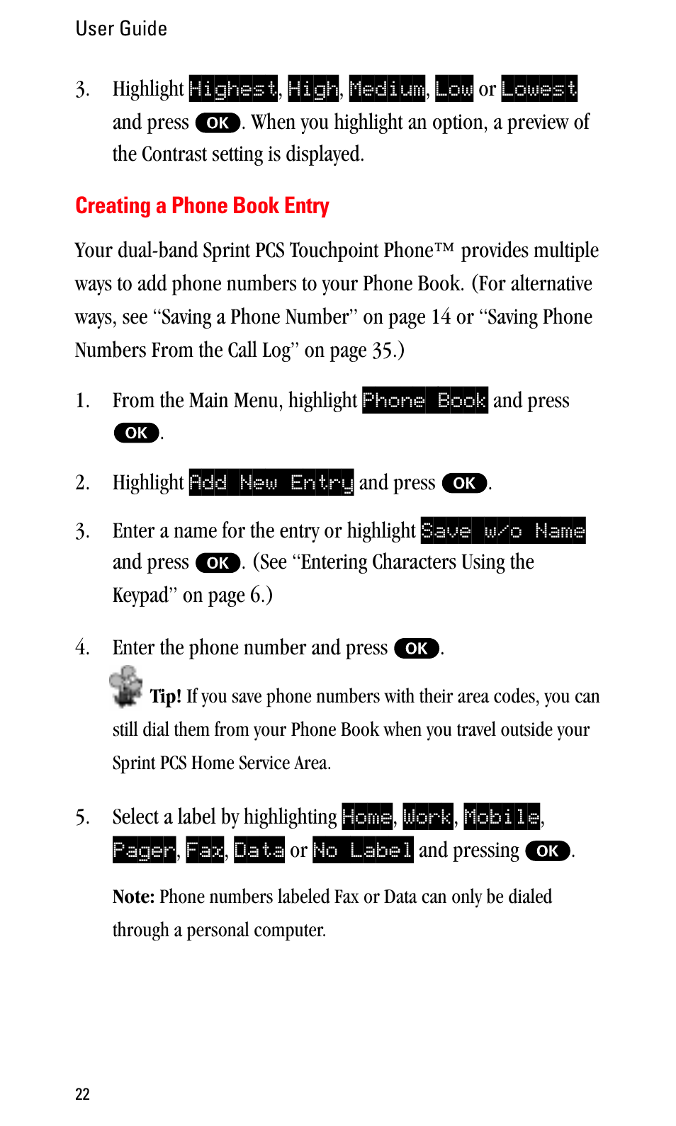 Creating a phone book entry | Sprint Nextel LA990009-0462 User Manual | Page 34 / 108