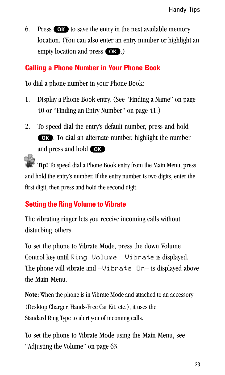 Calling a phone number in your phone book, Setting the ring volume to vibrate | Sprint Nextel LA990009-0462 User Manual | Page 35 / 108