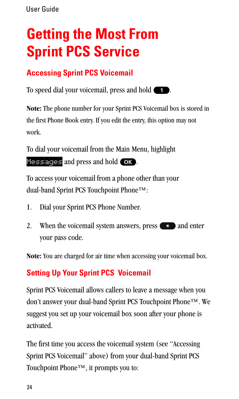 Getting the most from sprint pcs service, Accessing sprint pcs voicemail, Setting up your sprint pcs voicemail | Sprint Nextel LA990009-0462 User Manual | Page 36 / 108