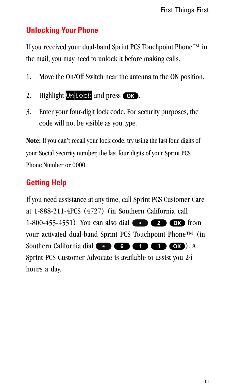 Unlocking your phone, Getting help | Sprint Nextel LA990009-0462 User Manual | Page 4 / 108