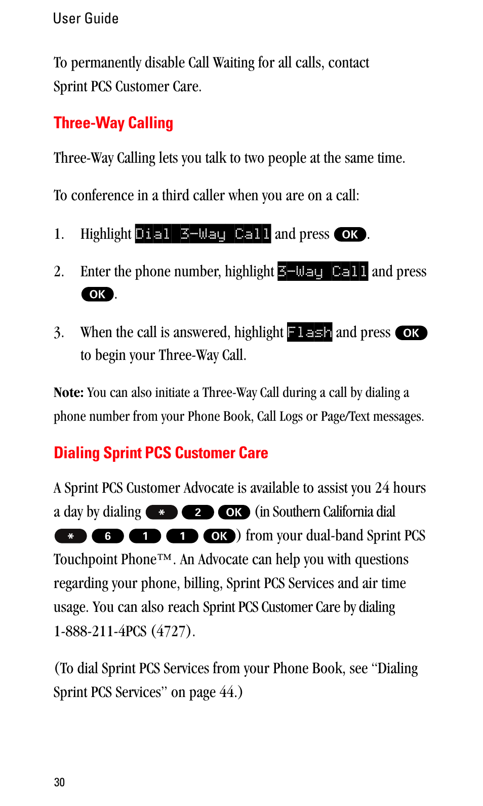 Three-way calling, Dialing sprint pcs customer care | Sprint Nextel LA990009-0462 User Manual | Page 42 / 108