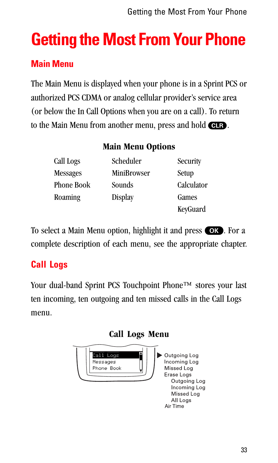 Getting the most from your phone, Main menu, Call logs | Sprint Nextel LA990009-0462 User Manual | Page 45 / 108